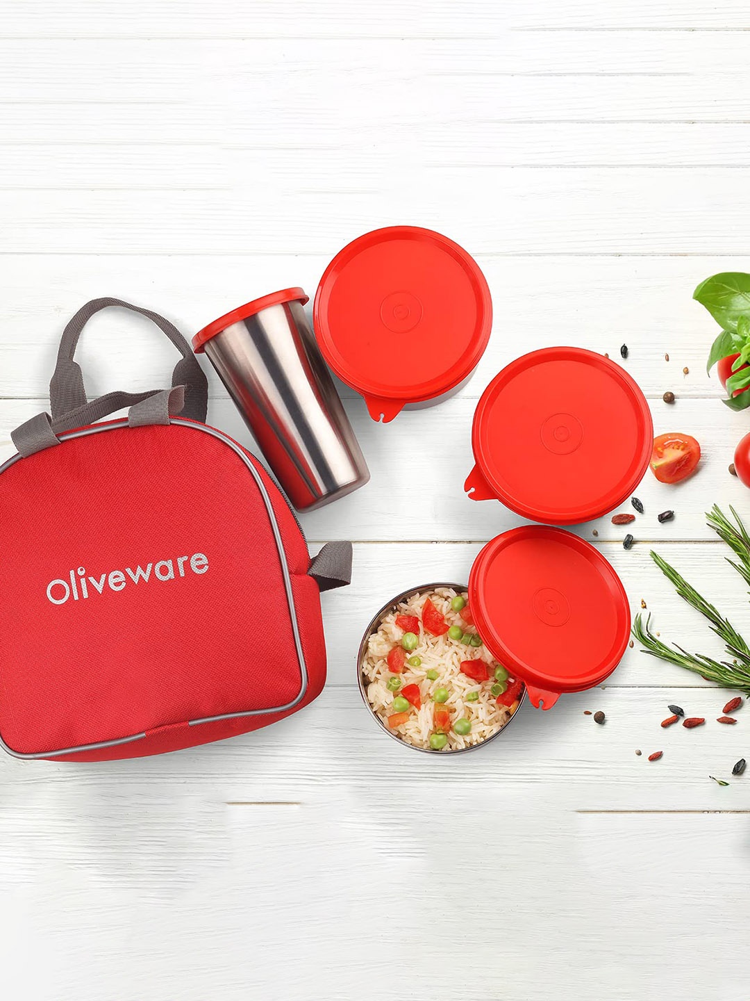 

SOPL-OLIVEWARE Red 4 Pieces Leak Proof Lunch Boxes With Bag