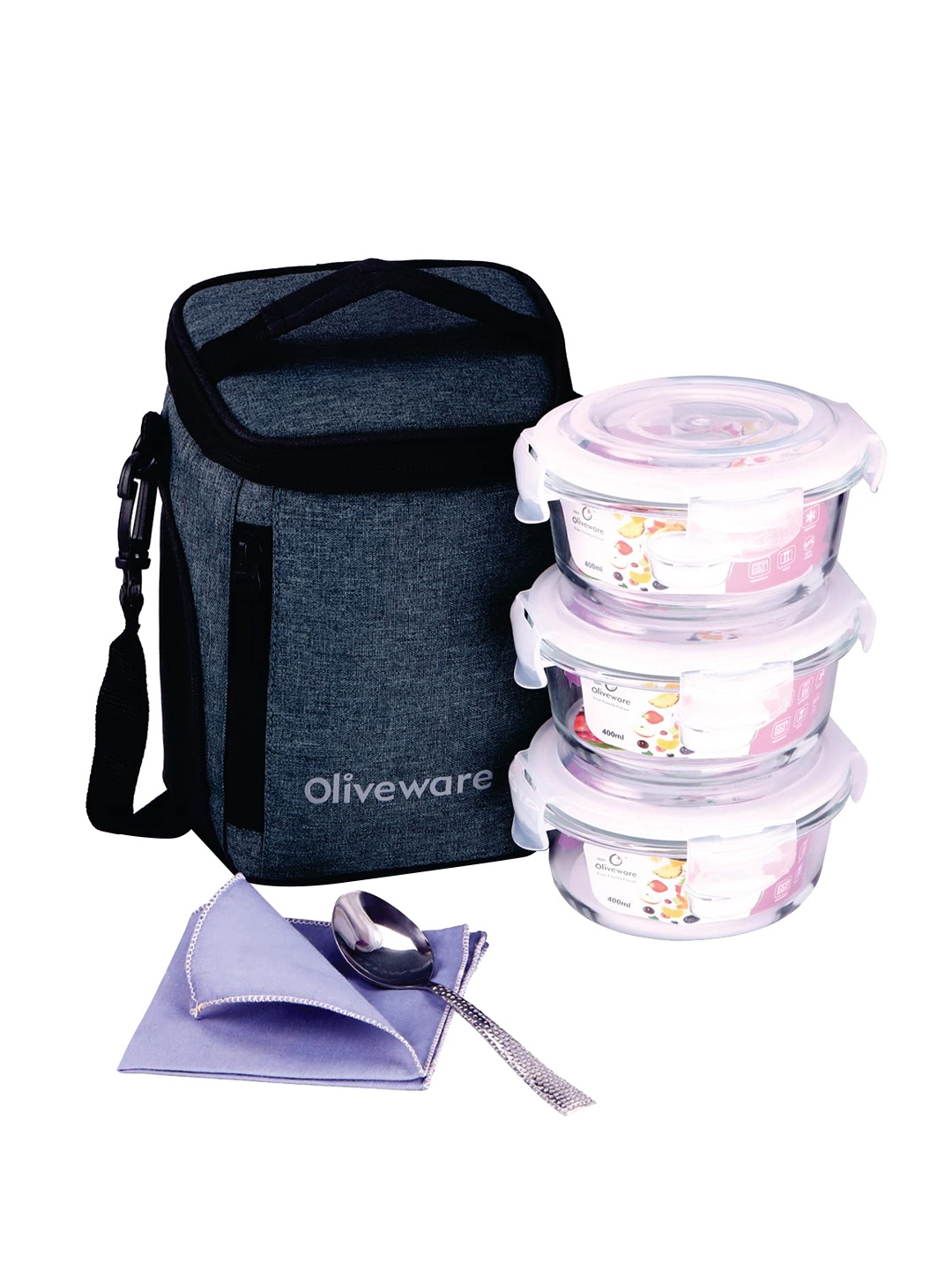 

SOPL-OLIVEWARE Transparent & Grey 3 Pieces Leak Proof Lunch Boxes With Lunch Bag