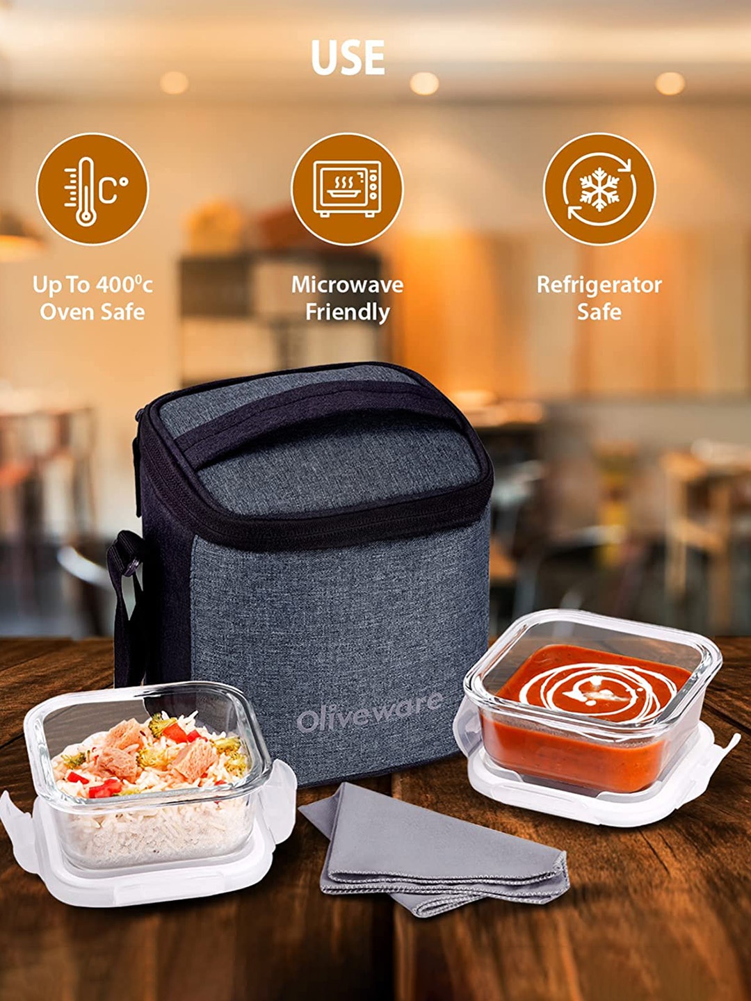 

SOPL-OLIVEWARE Transparent & Grey 2-Pcs Freezer Safe Lunch Boxes With Lunch Bag