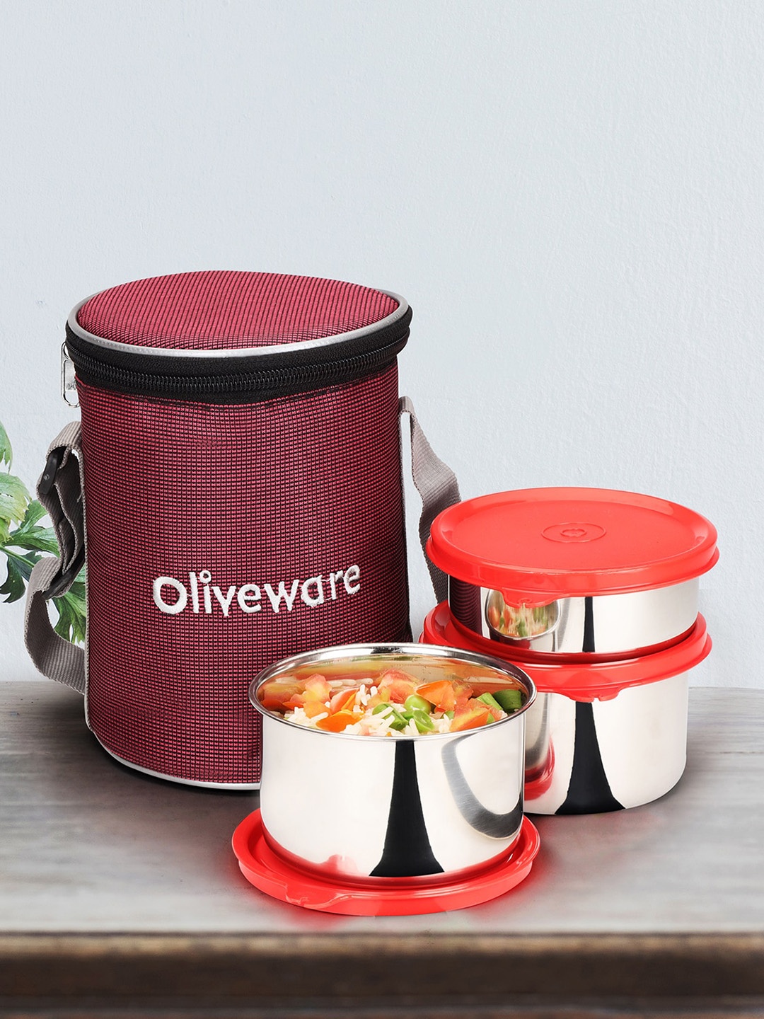 

SOPL-OLIVEWARE Red 3-Pcs Leak Proof Lunch Boxes With Lunch Bag