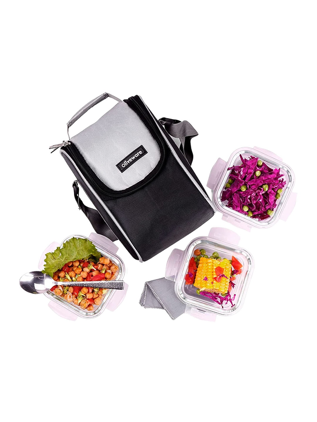 

SOPL-OLIVEWARE Transparent & Black 3-Pcs Freezer Safe Lunch Boxes With Lunch Bag