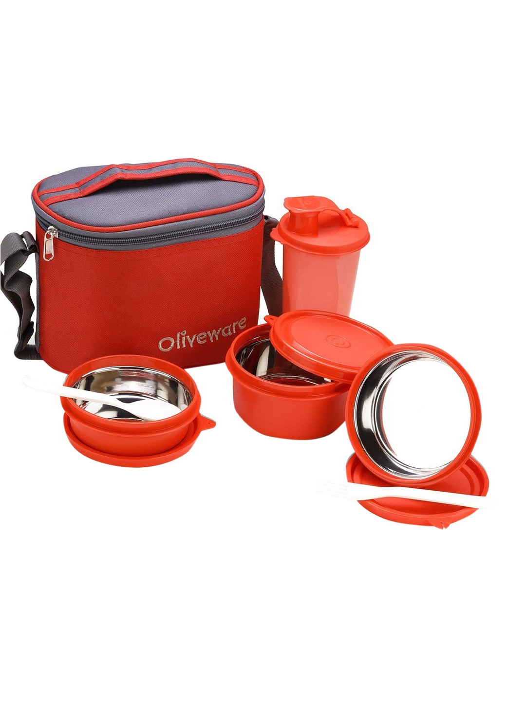 

SOPL-OLIVEWARE Transparent & Black 3-Pcs Freezer Safe Lunch Boxes With Lunch Bag, Red