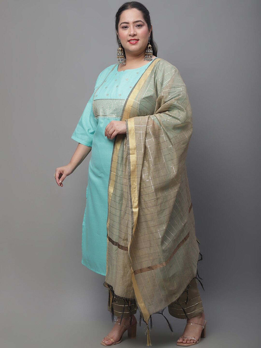 

KALINI Plus Size Yoke Design Pure Cotton Kurta with Trousers & With Dupatta, Blue