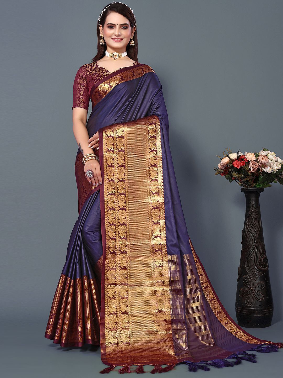 

Mitera Navy Blue & Gold-Toned Woven Design Zari Silk Cotton Saree