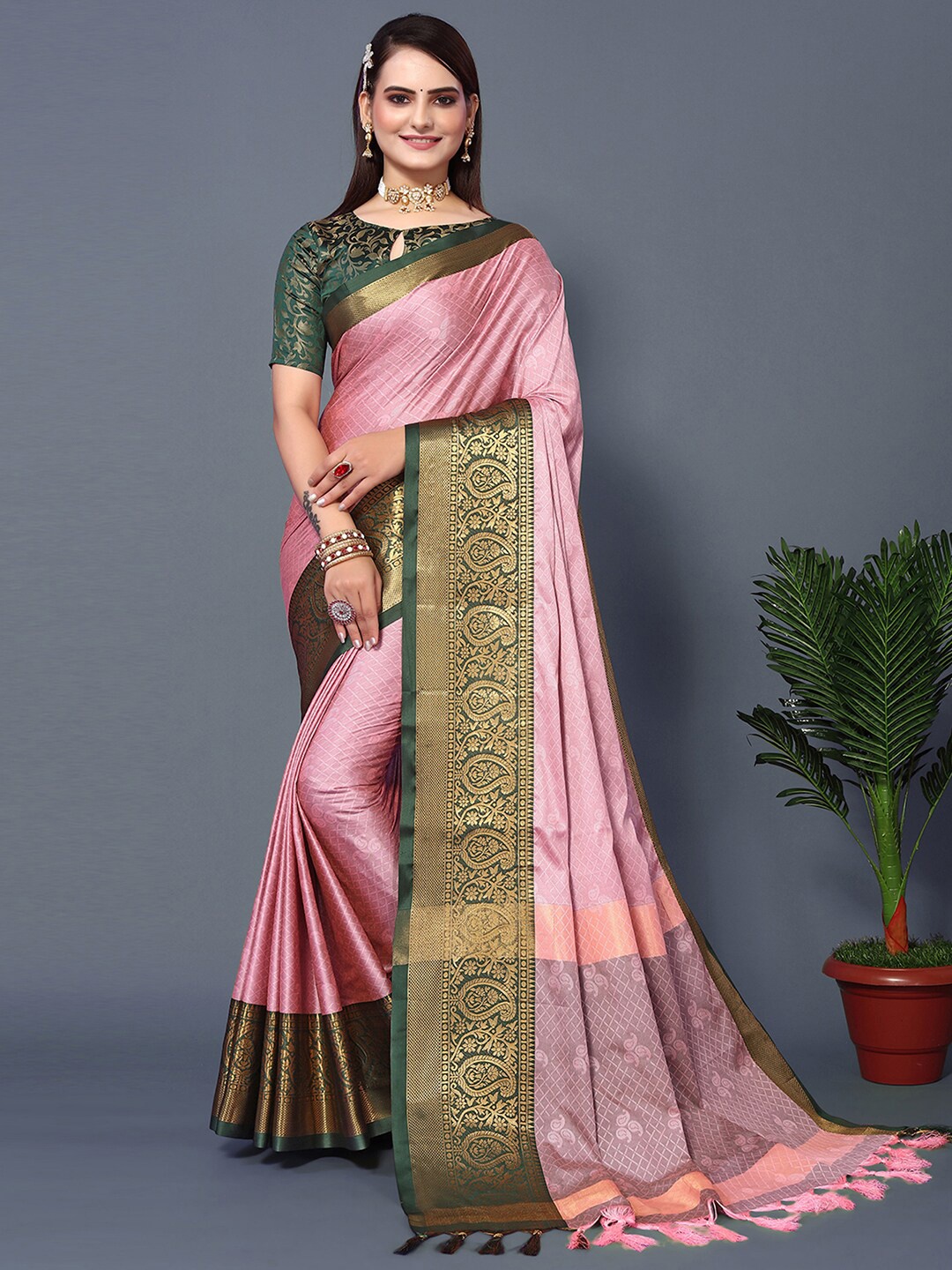 

Mitera Pink & Green Woven Design Zari Silk Cotton Saree