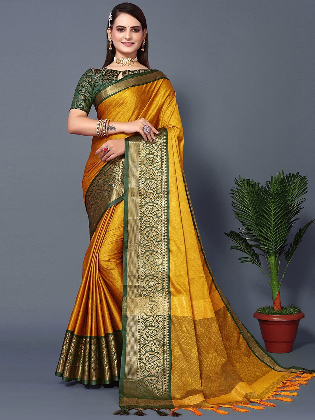 

Mitera Mustard & Green Woven Design Zari Silk Cotton Saree