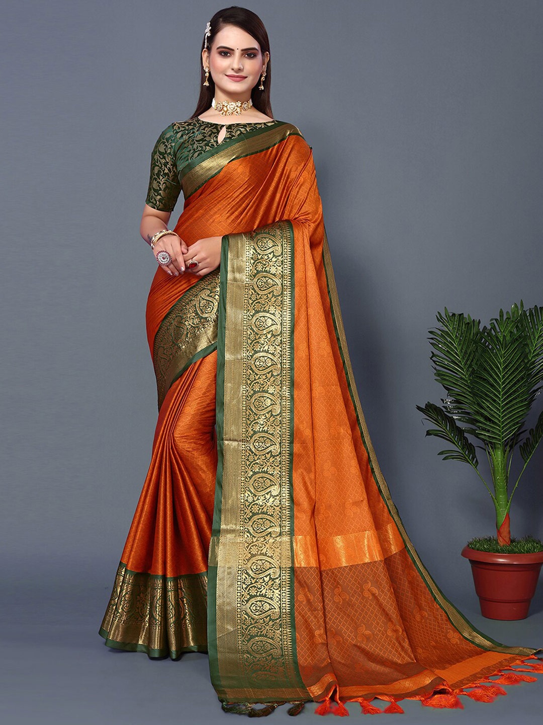 

Mitera Orange & Green Woven Design Zari Silk Cotton Saree