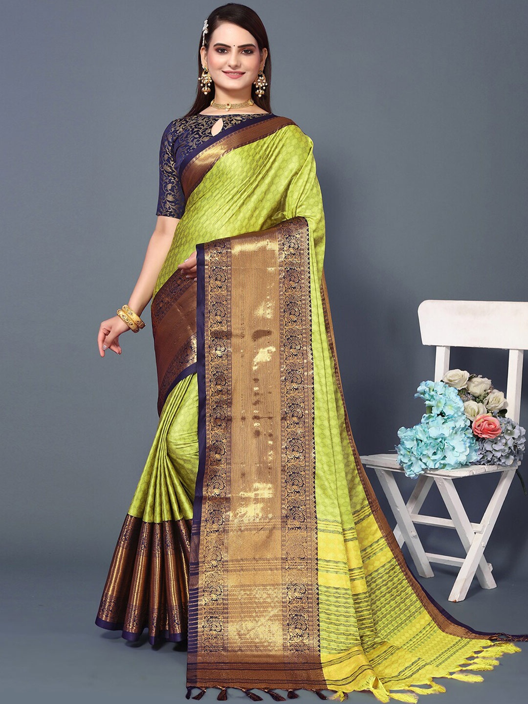 

Mitera Green & Blue Woven Design Zari Silk Cotton Saree