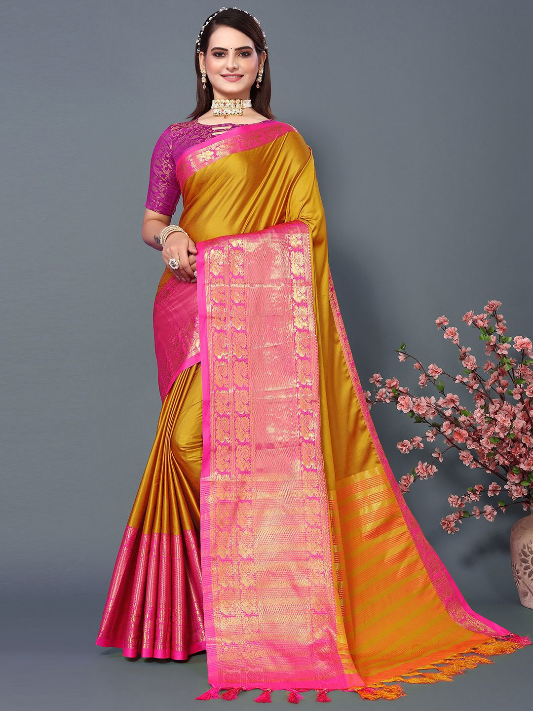 

Mitera Yellow & Pink Zari Silk Cotton Saree