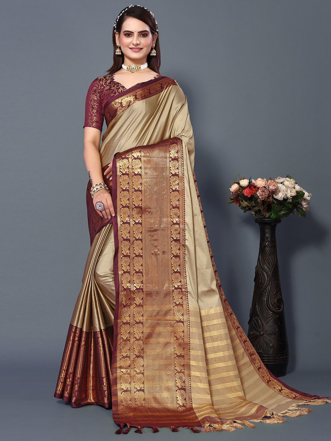 

Mitera Beige & Brown Woven Design Zari Silk Cotton Jacquard Saree