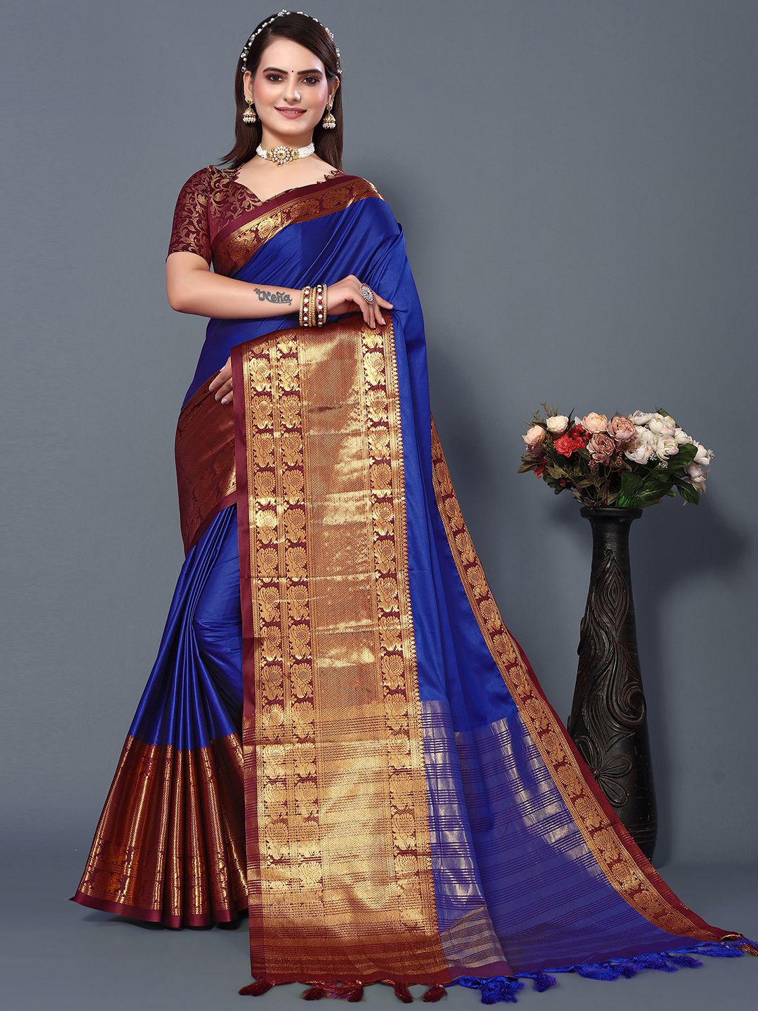

Mitera Blue & Brown Woven Design Zari Silk Cotton Jacquard Saree
