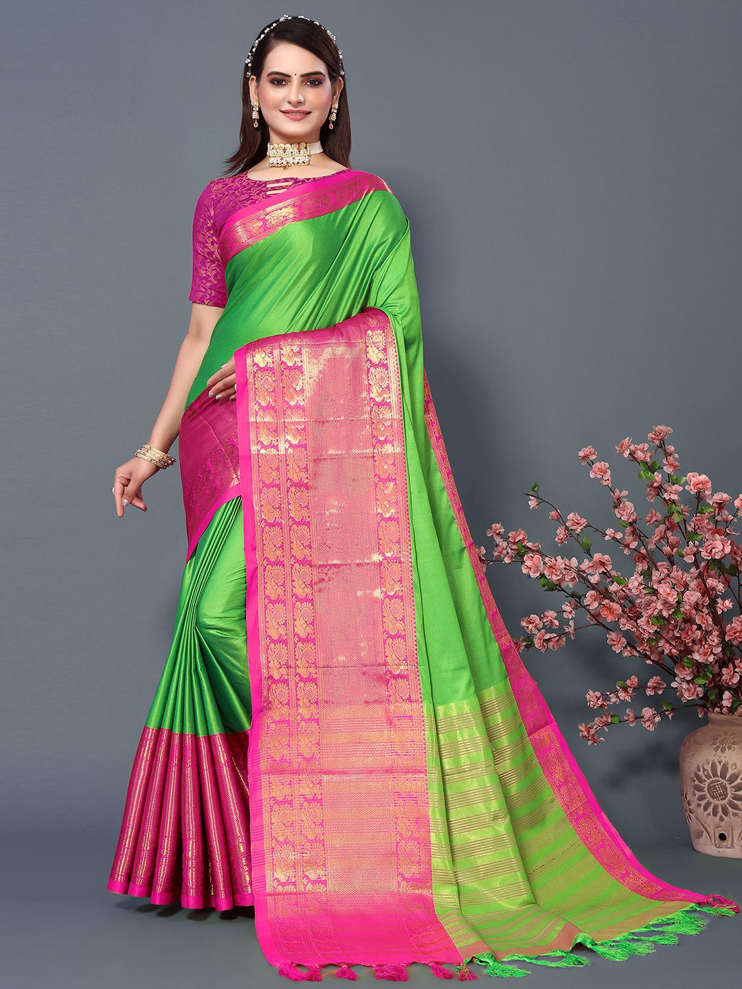 

Mitera Green & Pink Woven Design Zari Silk Cotton Saree