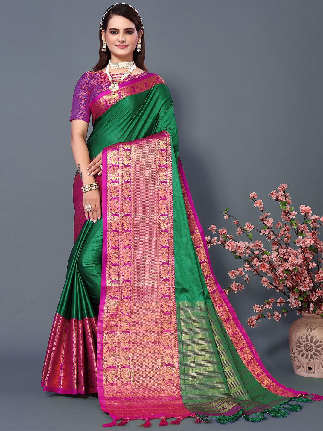 

Mitera Green & Pink Woven Design Zari Silk Cotton Saree