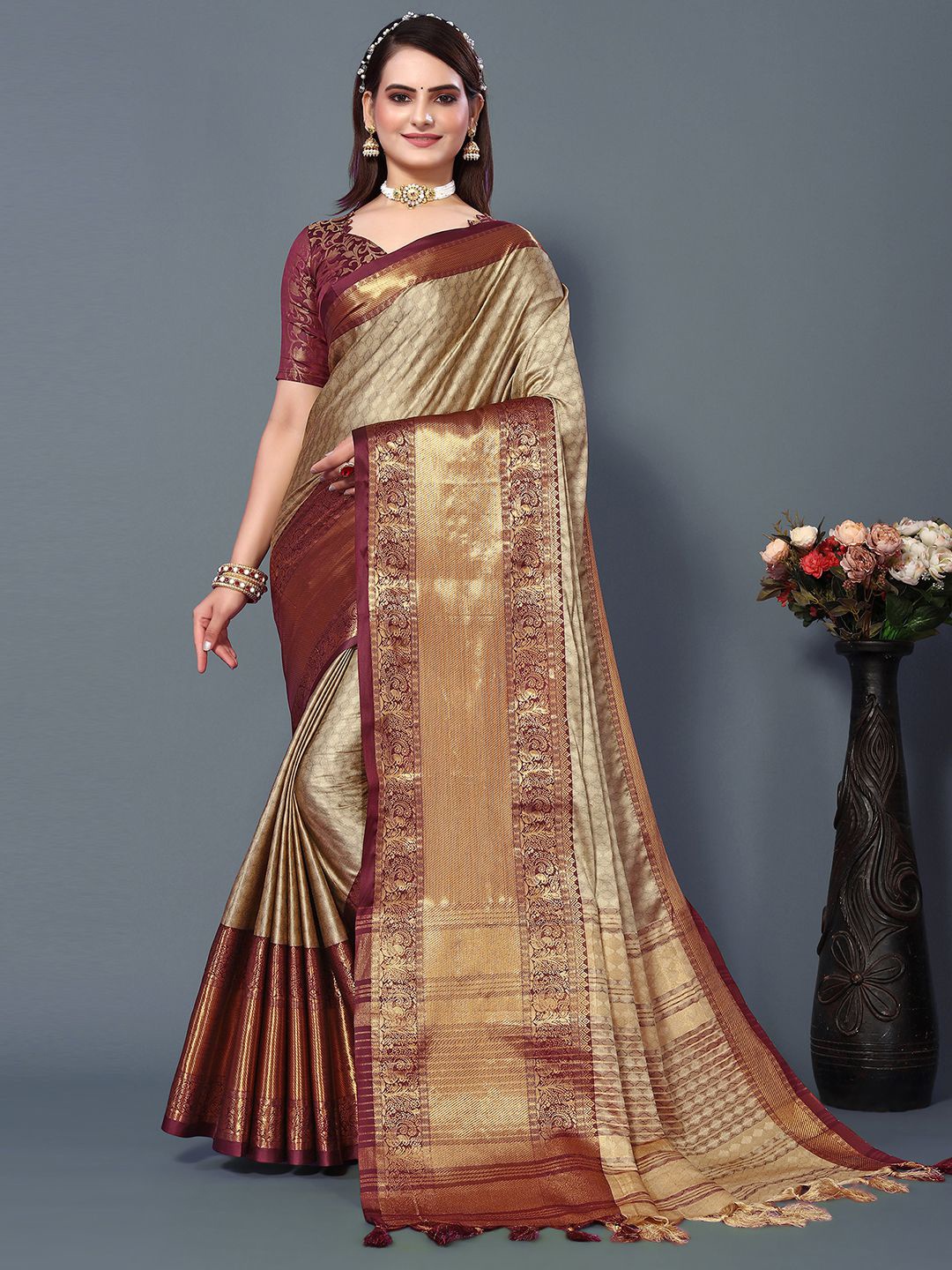 

Mitera Beige & Brown Woven Design Zari Silk Cotton Saree