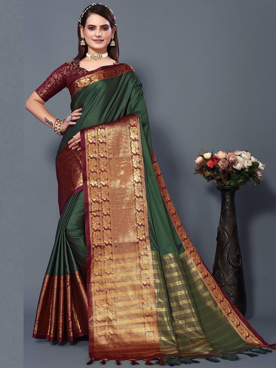 

Mitera Green & Brown Woven Design Zari Silk Cotton Saree