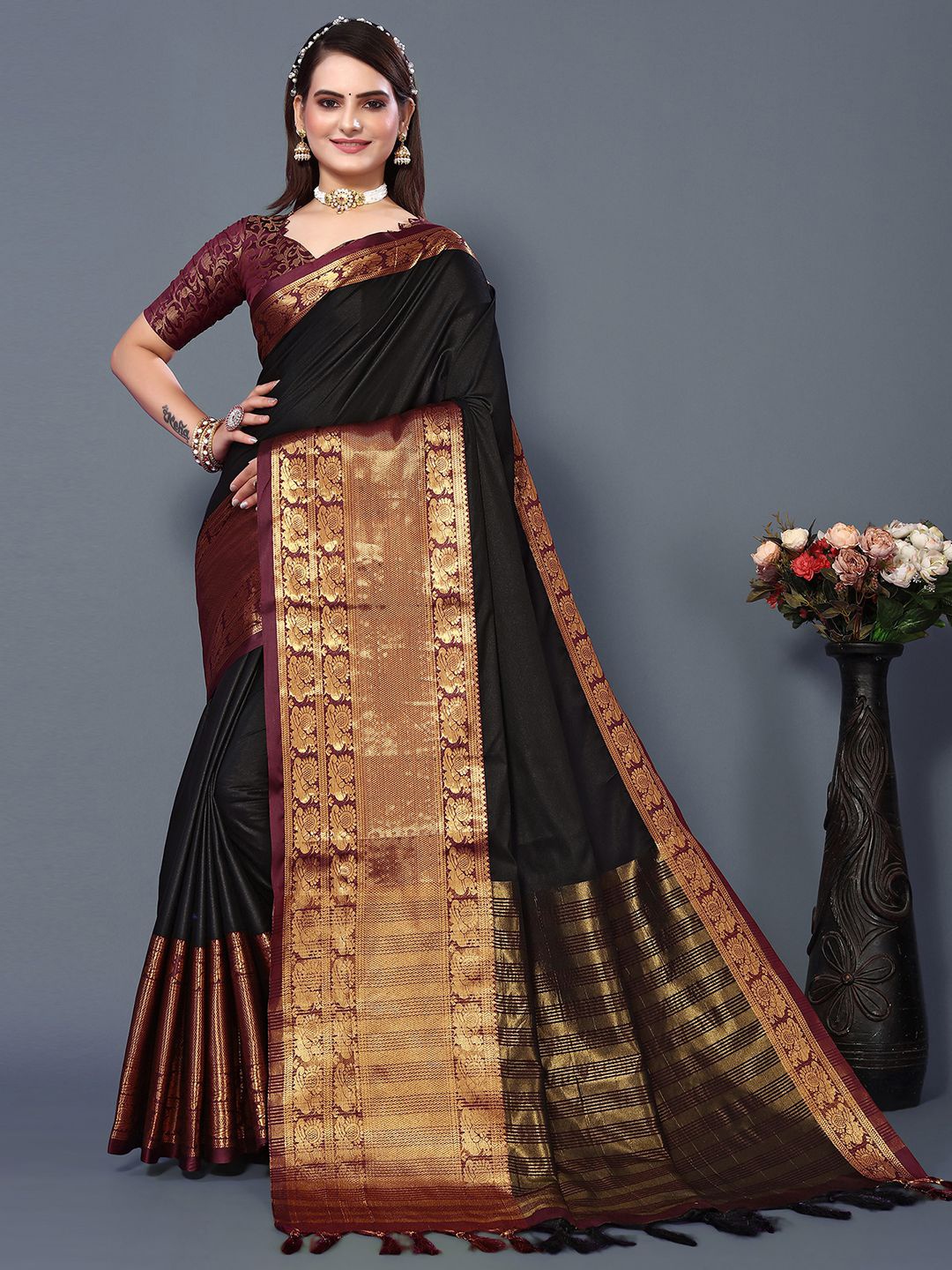 

Mitera Black & Maroon Woven Design Zari Silk Cotton Saree
