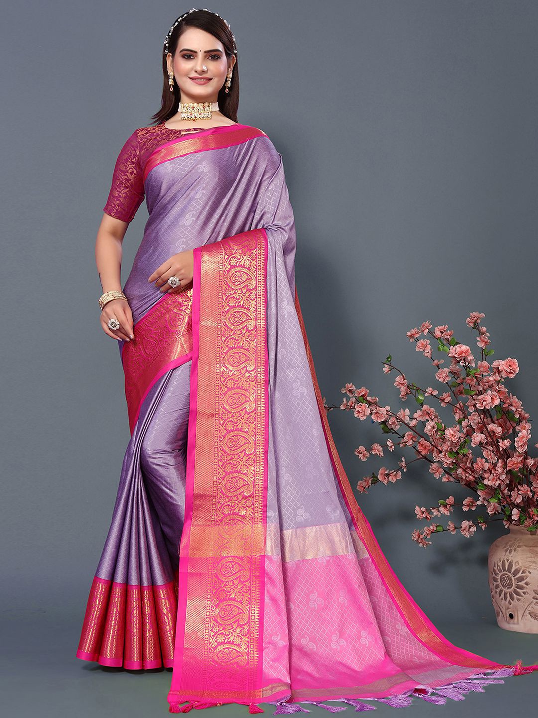 

Mitera Woven Design Zari Silk Cotton Saree, Purple