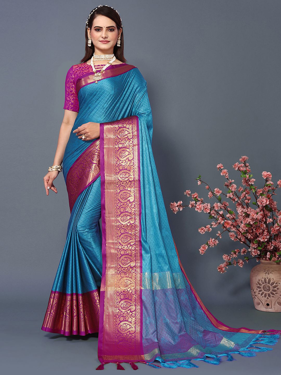 

Mitera Turquoise Blue & Pink Woven Design Zari Silk Cotton Saree