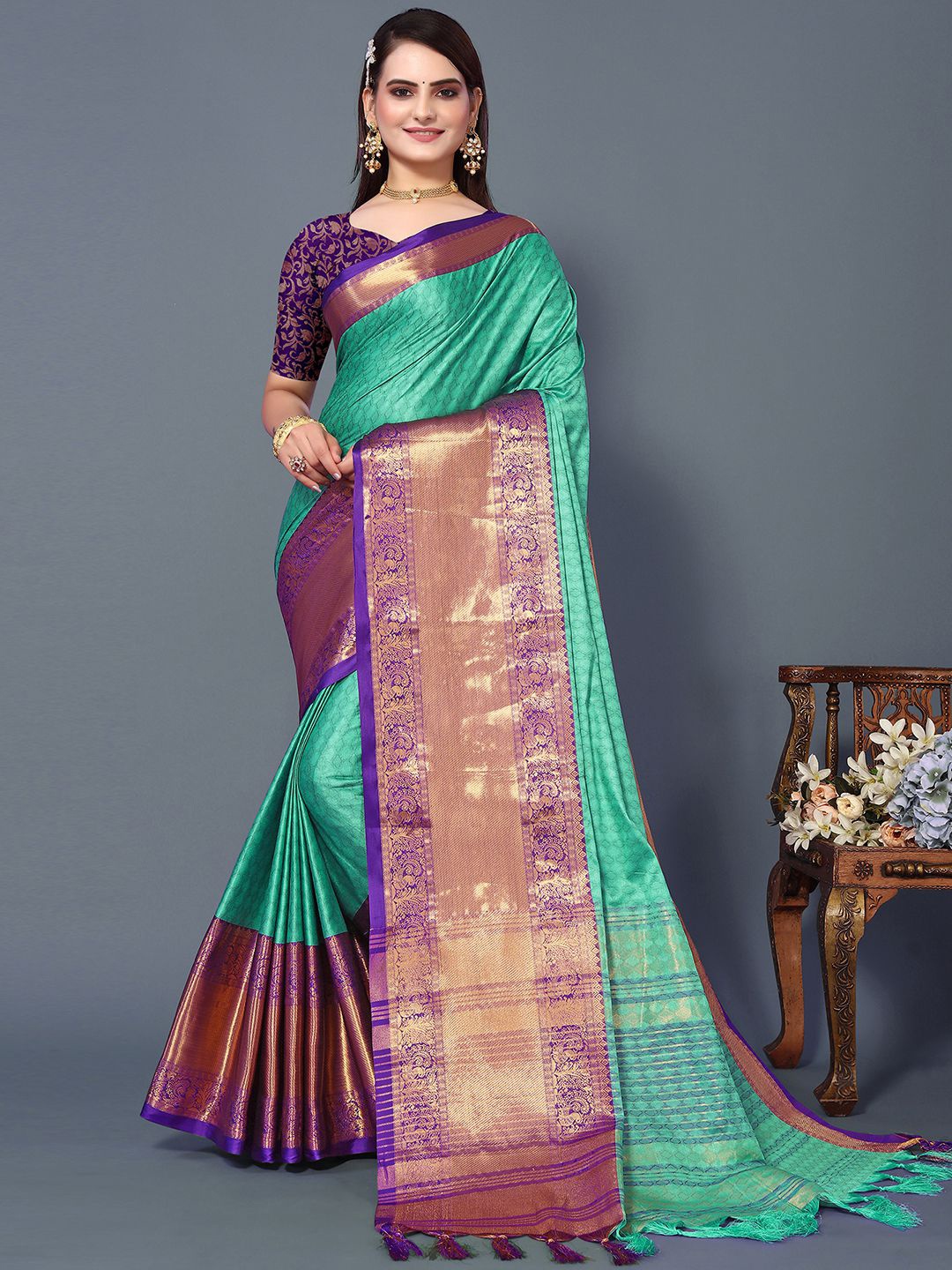 

Mitera Teal & Purple Woven Design Zari Silk Cotton Saree