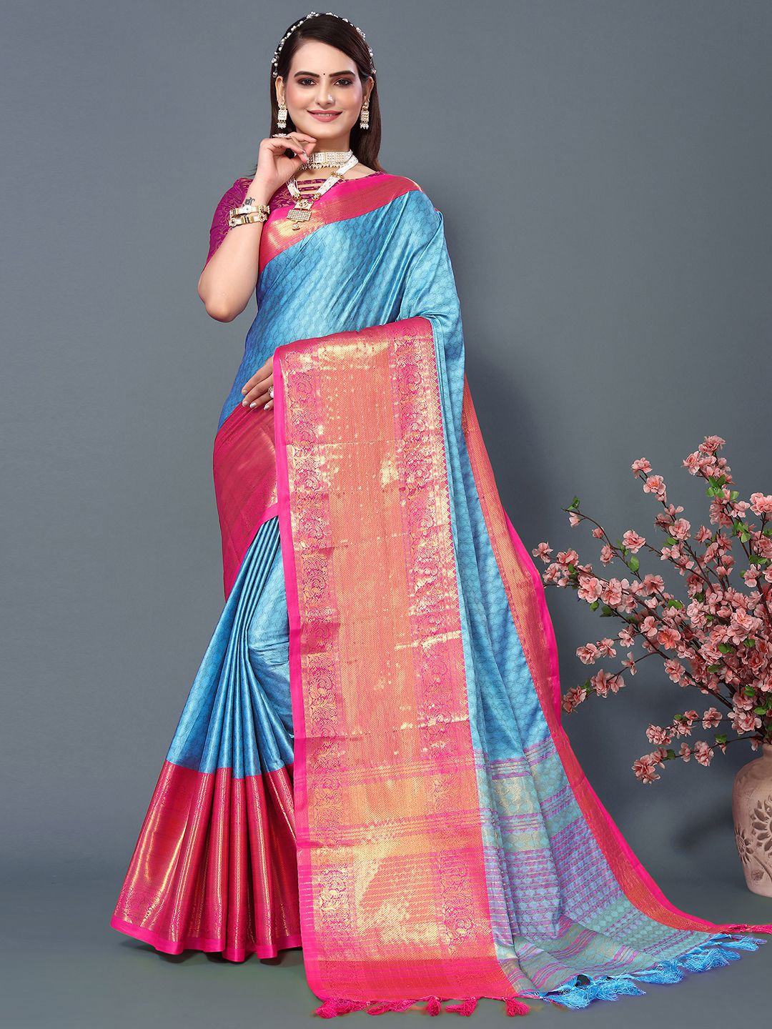

Mitera Turquoise Blue & Pink Woven Design Zari Silk Cotton Saree