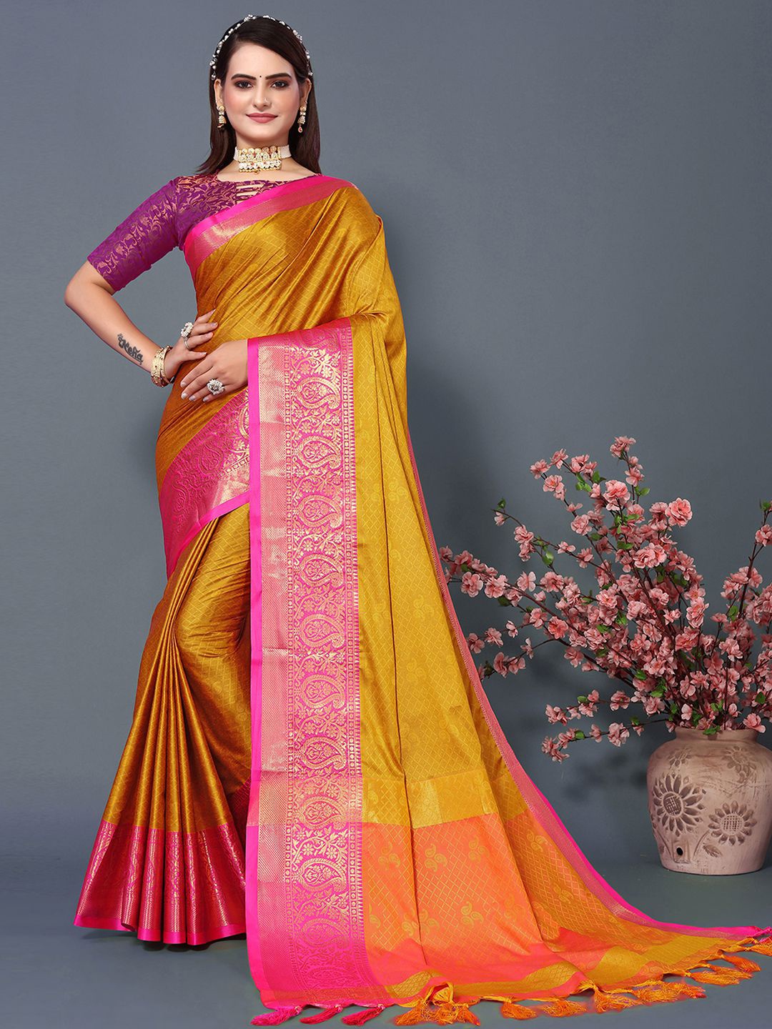 

Mitera Mustard & Pink Woven Design Zari Silk Cotton Saree