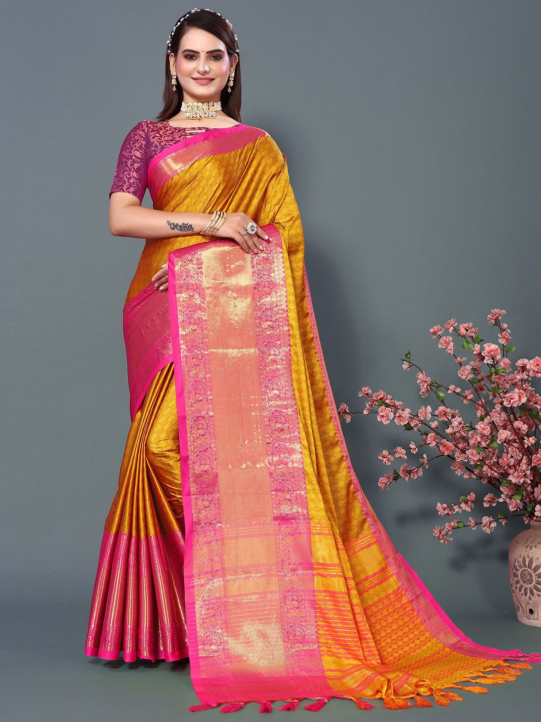 

Mitera Mustard & Pink Woven Design Zari Silk Cotton Saree