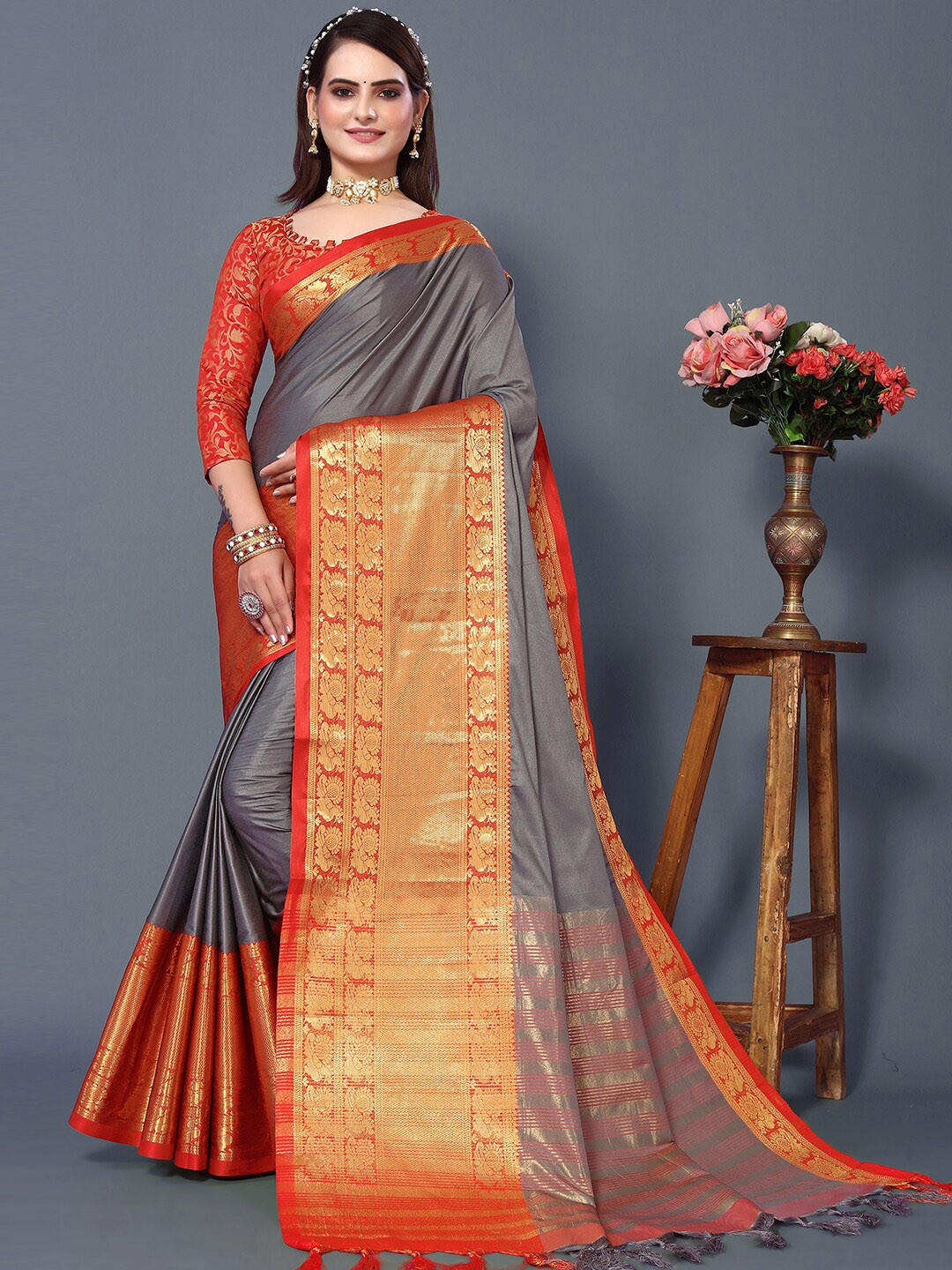 

Mitera Grey & Orange Woven Design Zari Silk Cotton Saree