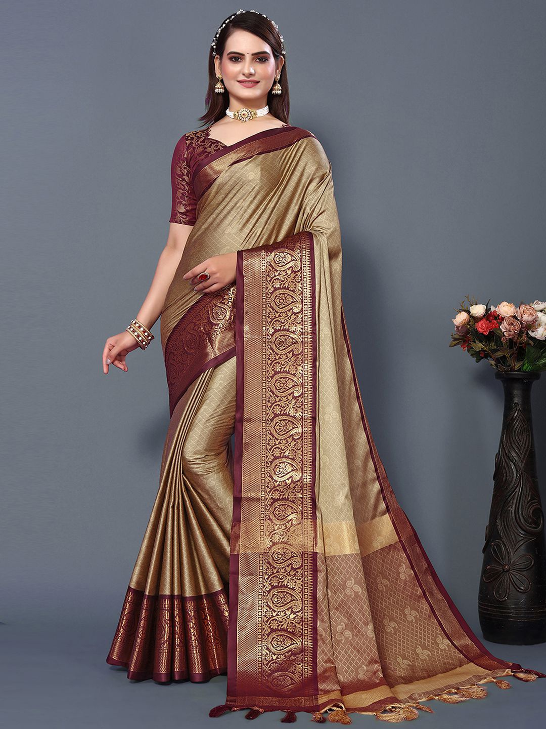 

Mitera Brown & Maroon Woven Design Zari Silk Cotton Saree