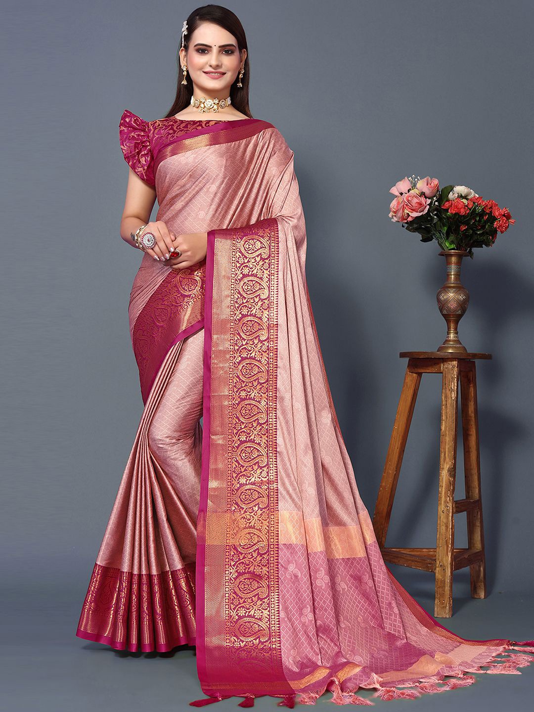 

Mitera Pink & Purple Woven Design Zari Silk Cotton Saree
