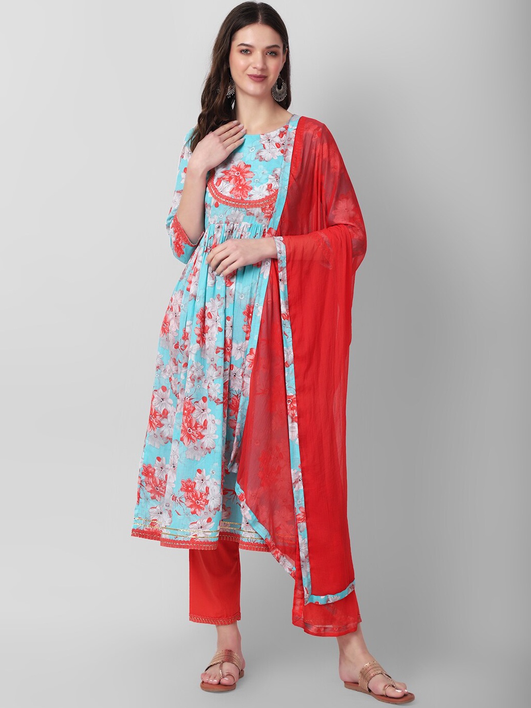 

Haute and Humble Floral Printed Empire Pure Cotton Kurta With Trousers & Dupatta, Turquoise blue