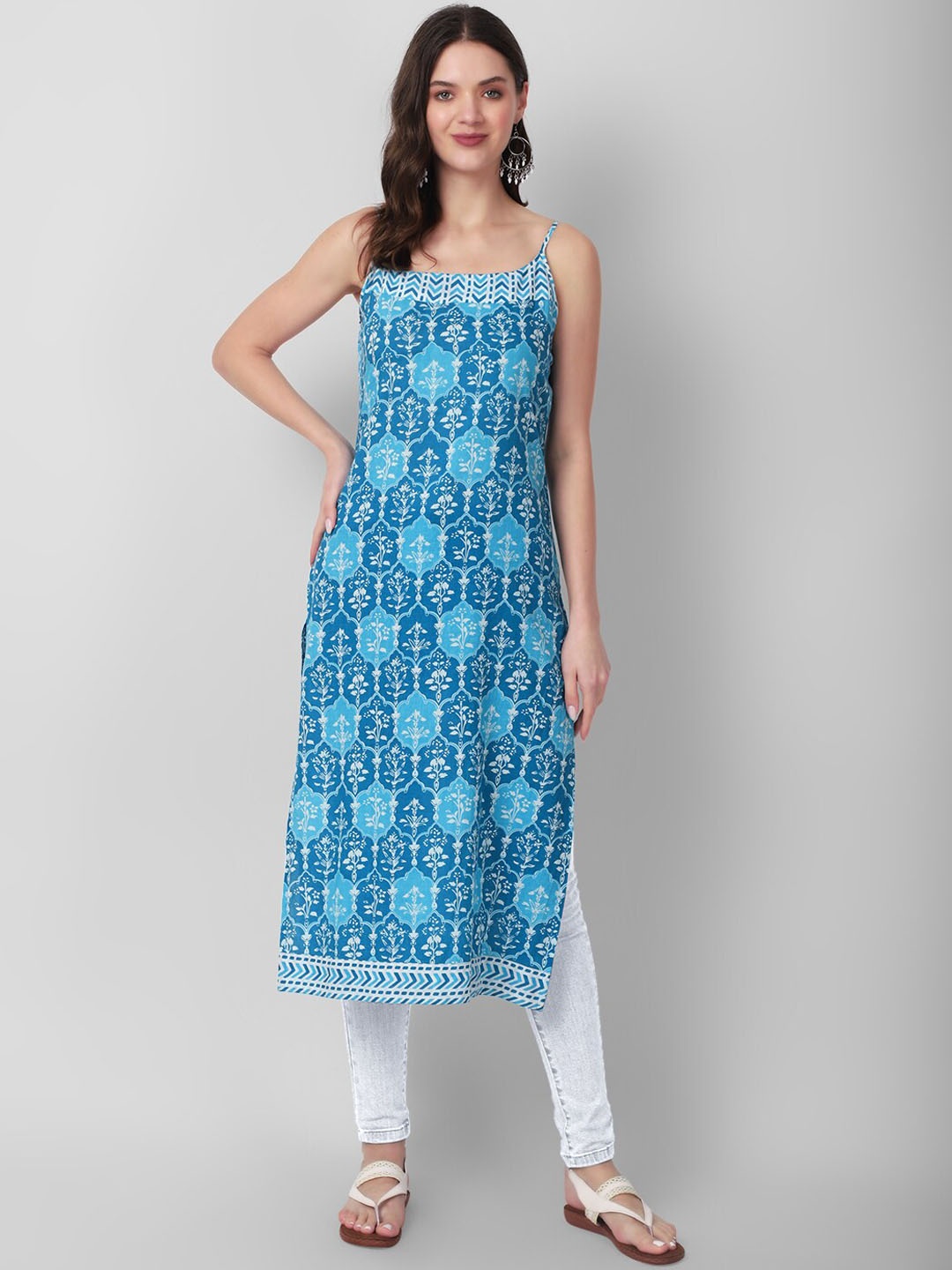 

Haute and Humble Ethnic Printed Shoulder Strapped Scoop Neck Pure Cotton Straight Kurta, Blue