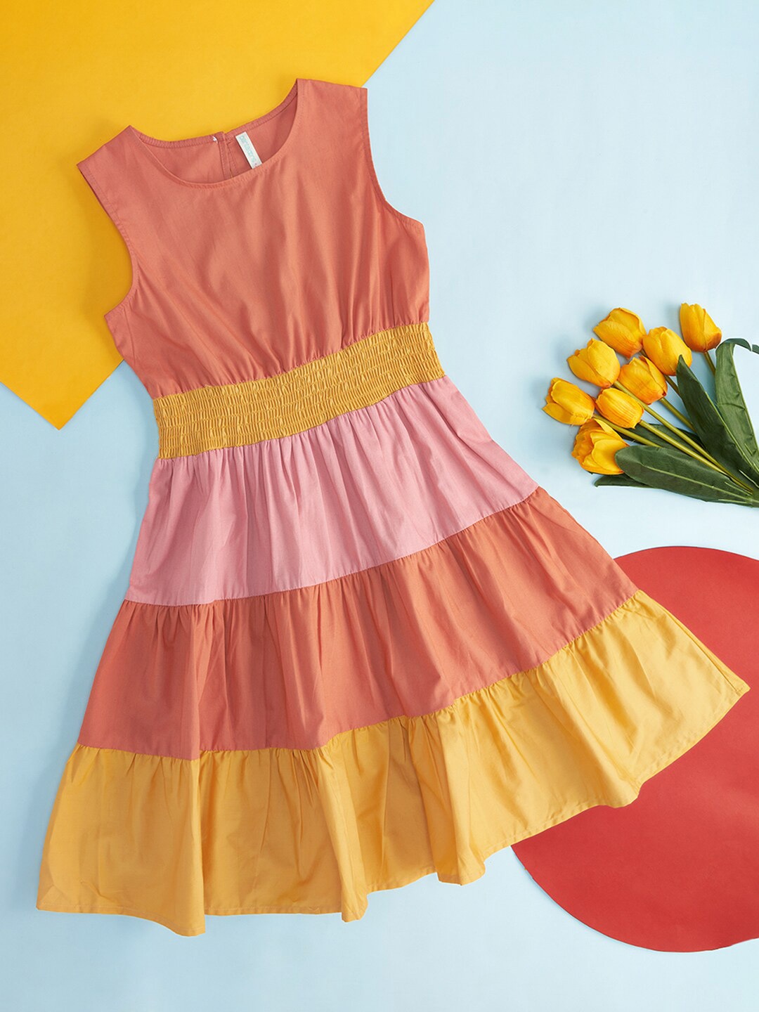 

Pantaloons Junior Mustard Yellow Colourblocked Fit & Flare Dress