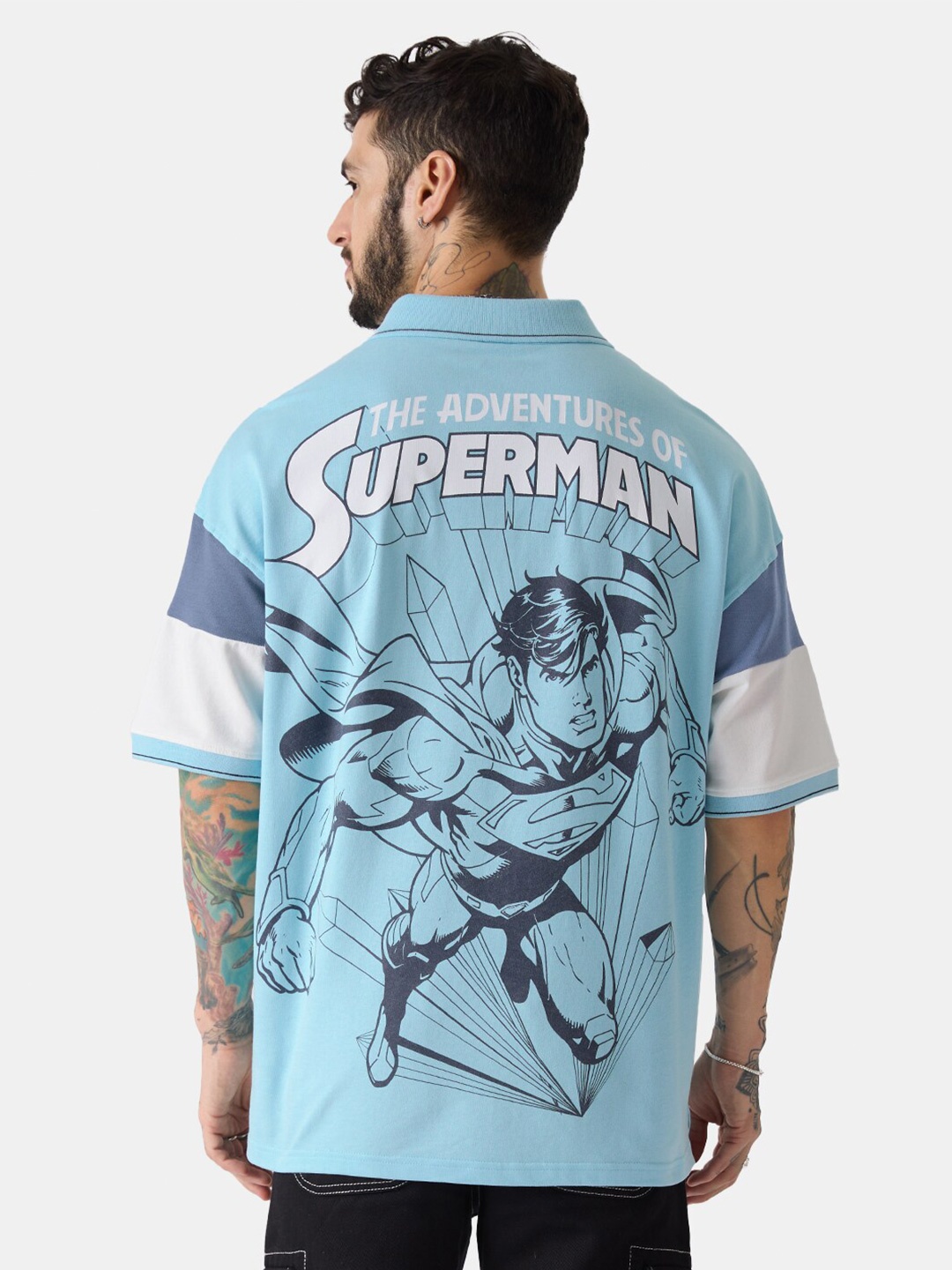 

The Souled Store Superman Graphic Printed Polo Collar Oversized T-shirt, Blue