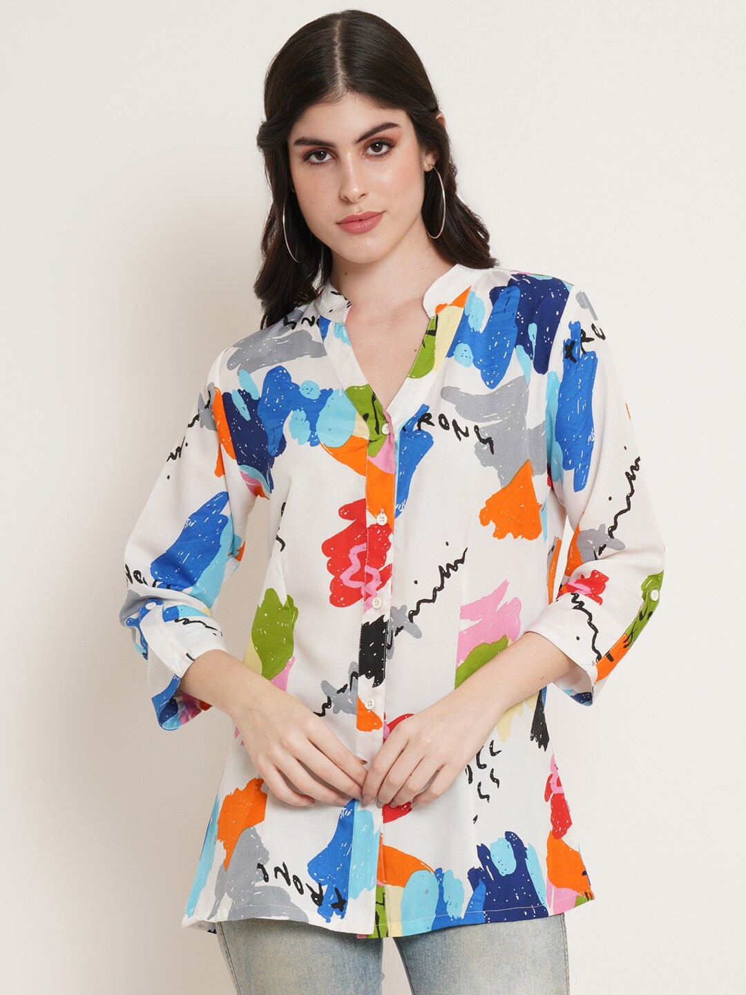 

U&F White Abstract Printed Band Collar Shirt Style Top