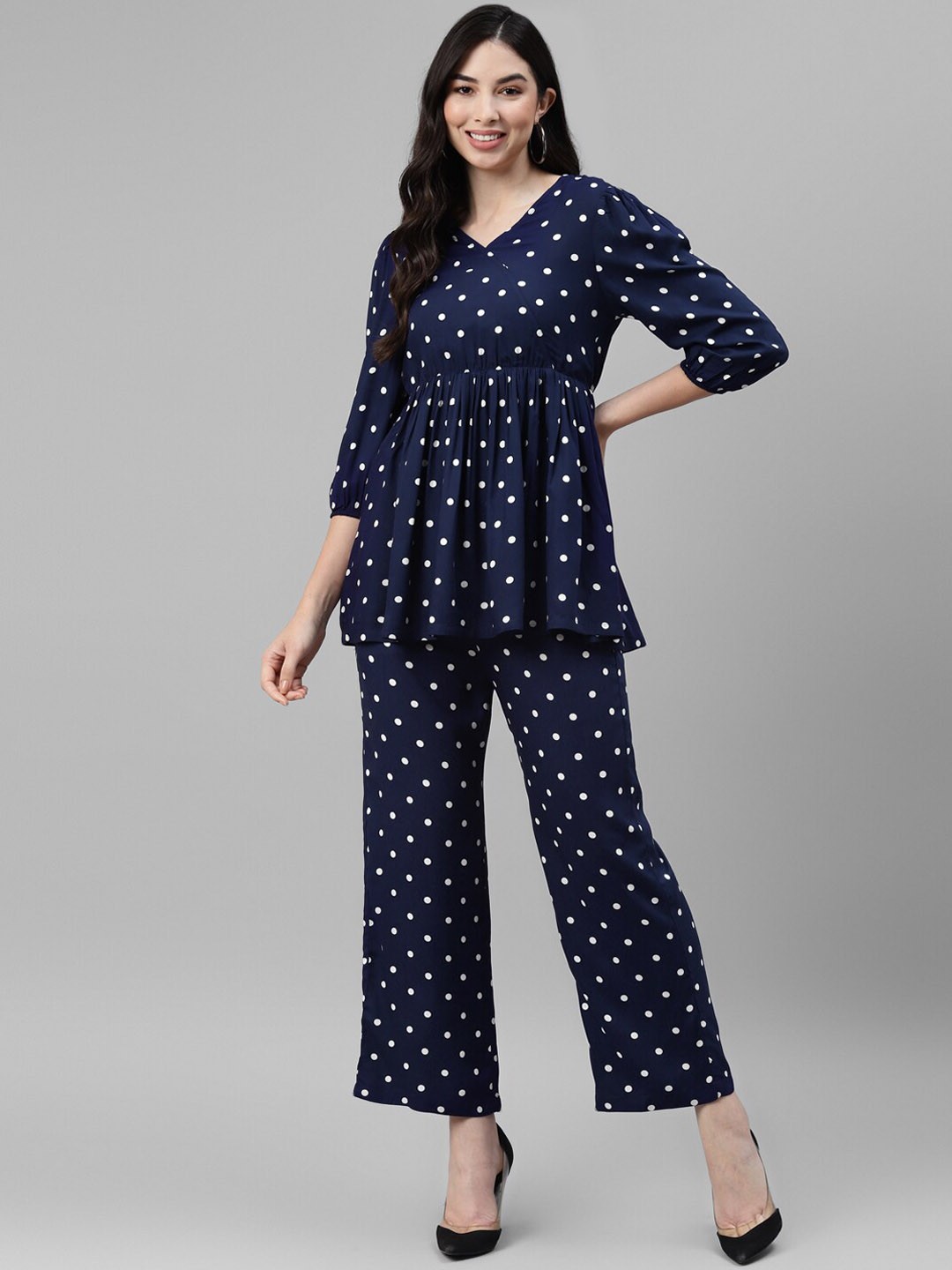 

DEEBACO Printed Polka Dots Tunic & Trousers, Navy blue