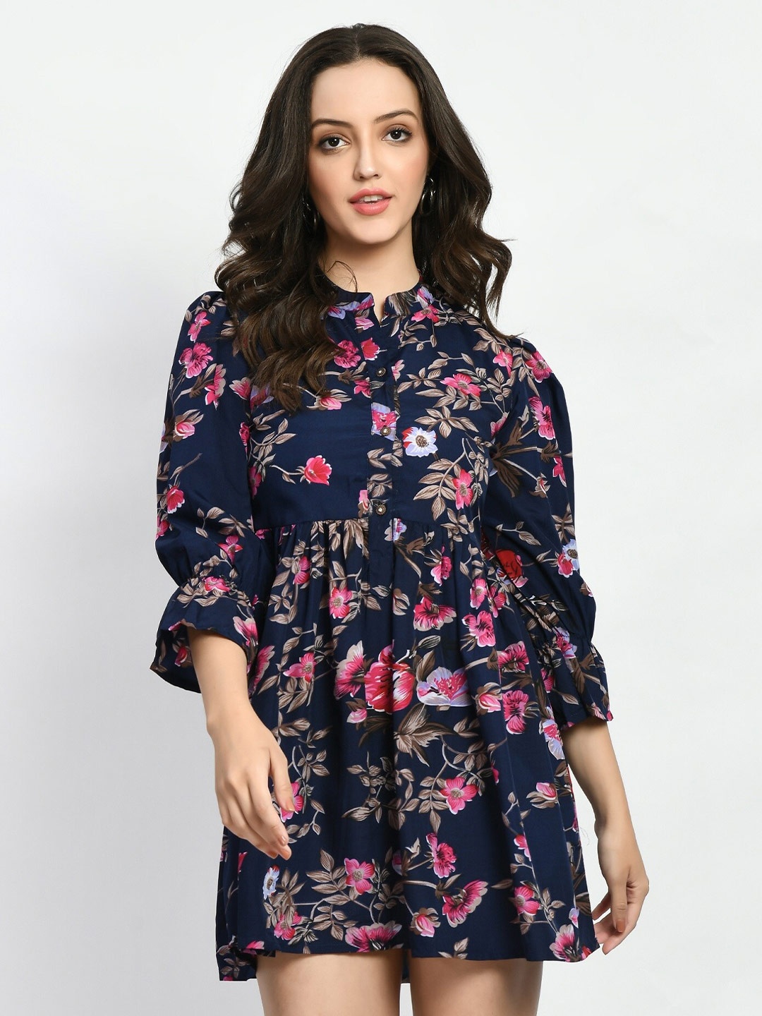 

ADAA JAIPUR Floral Printed Gathred Or Pleated A-Line Dress, Navy blue