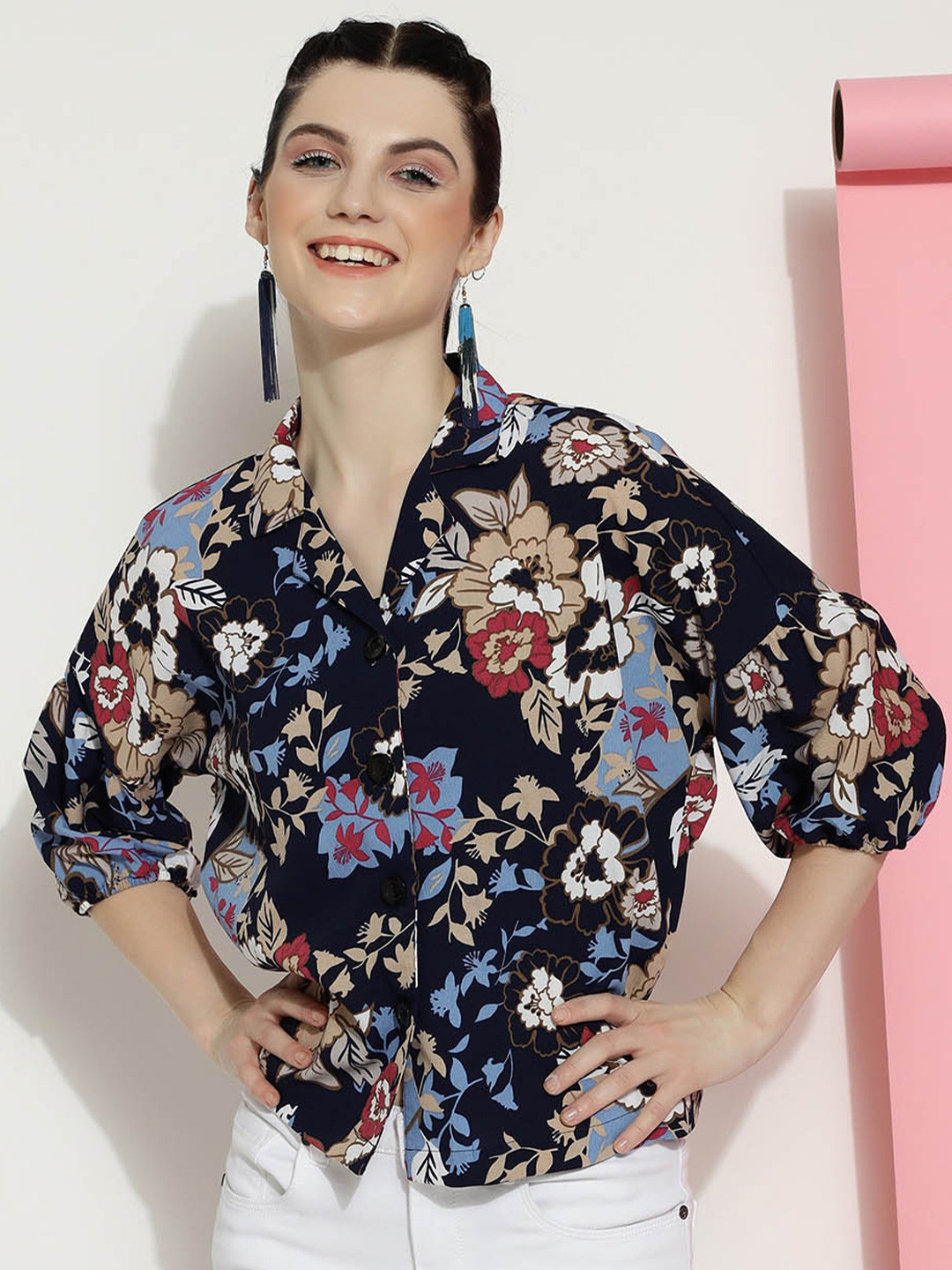 

J Turritopsis Classic Floral Printed Casual Oversize Shirt, Navy blue