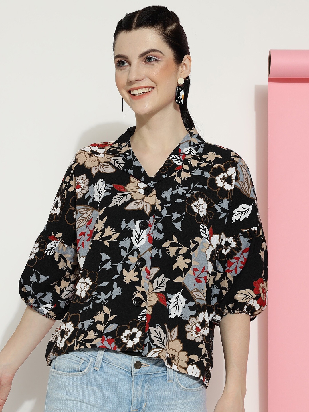 

J Turritopsis Floral Printed Classic Casual Shirt, Black
