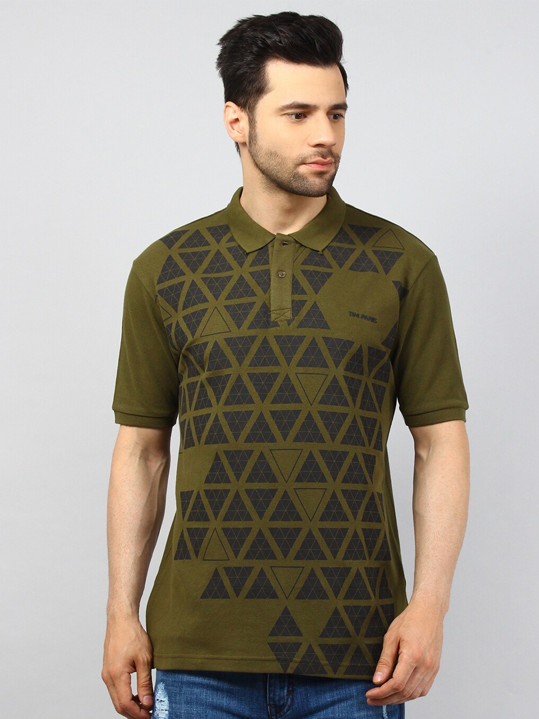 

TIM PARIS Geometric Printed Polo Collar Cotton T-shirt, Brown