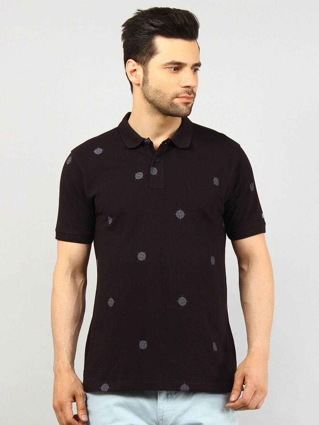 

TIM PARIS Conversational Printed Polo Collar T-shirt, Black