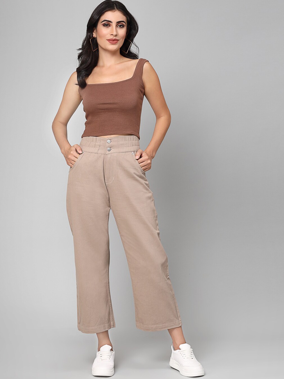 

DressBerry Women Wide Leg High-Rise Cropped Cotton Jeans, Beige