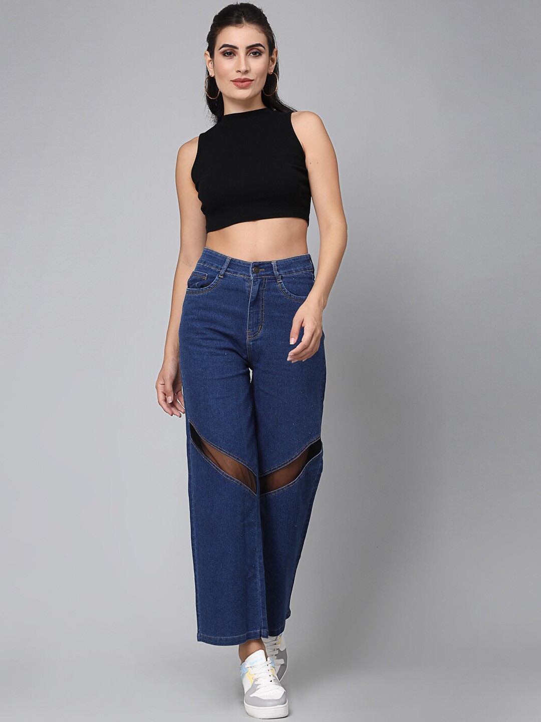 

DressBerry Women Wide Leg High-Rise Slash Knee Cotton Jeans, Blue