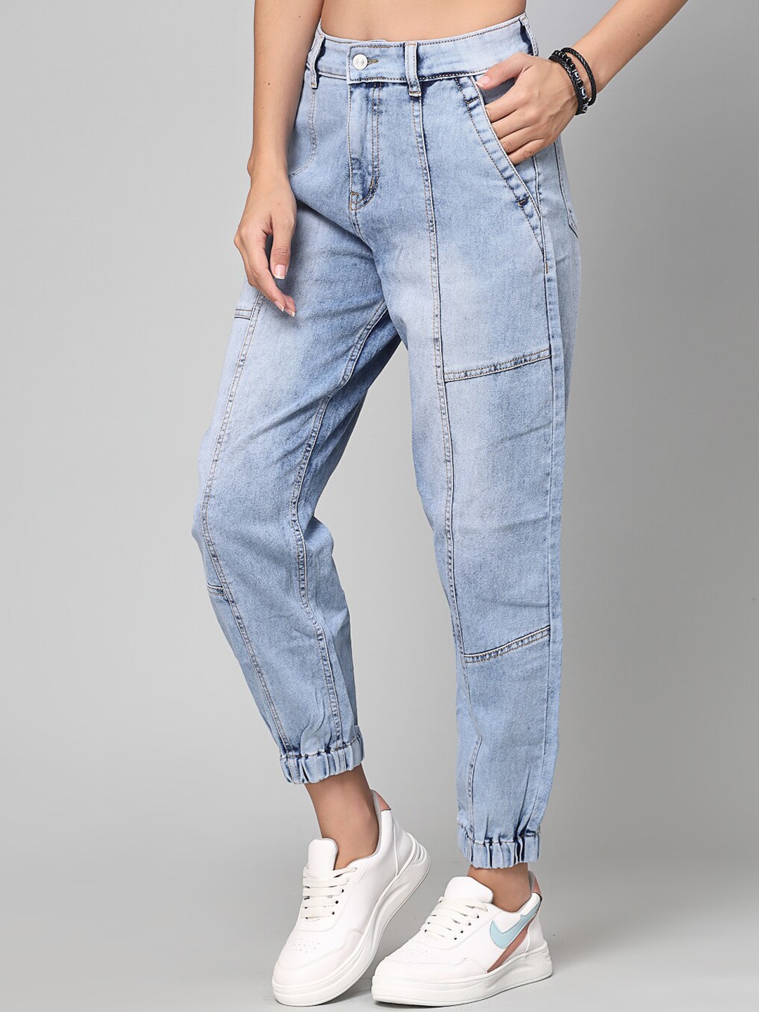 

DressBerry Women High-Rise Heavy Fade Cropped Cotton Joggers, Blue