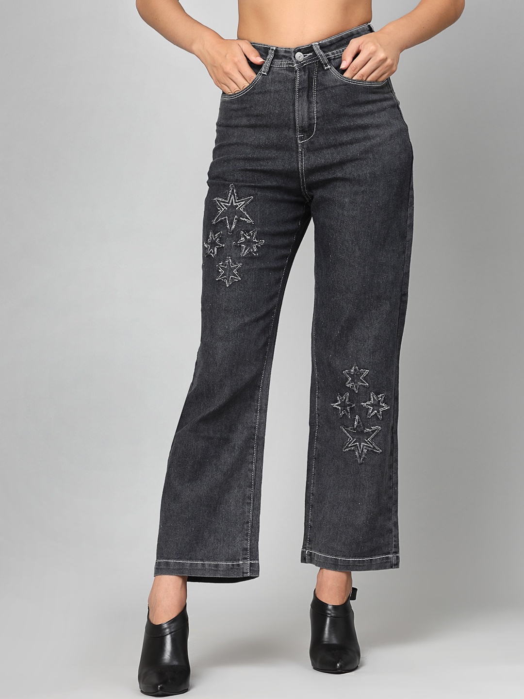 

DressBerry Women Wide Leg High-Rise Mildly Distressed Cropped Cotton Jeans, Charcoal