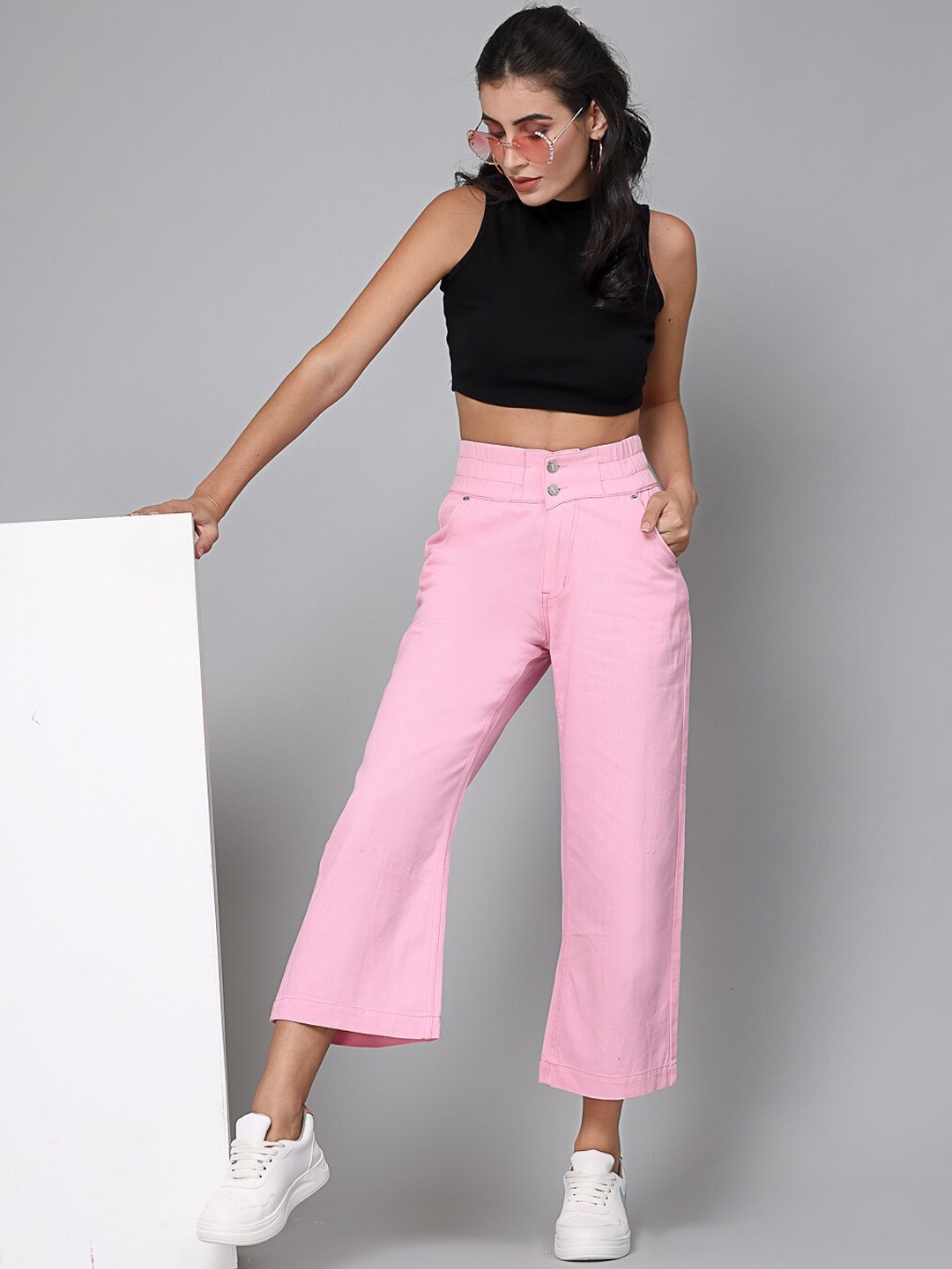 

DressBerry Women Wide Leg High-Rise Cropped Cotton Jeans, Pink