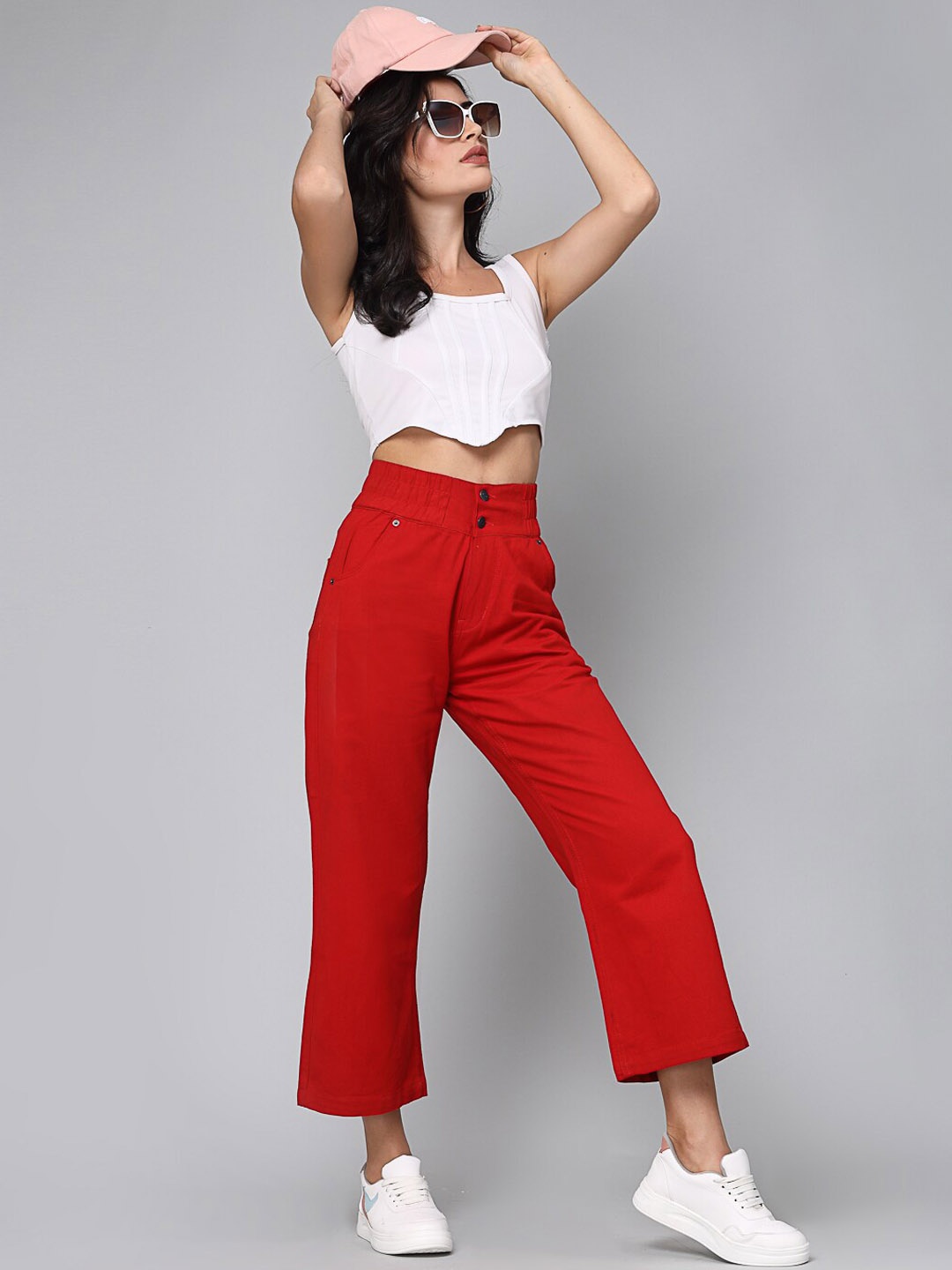 

DressBerry Women Wide Leg High-Rise Cropped Cotton Jeans, Red