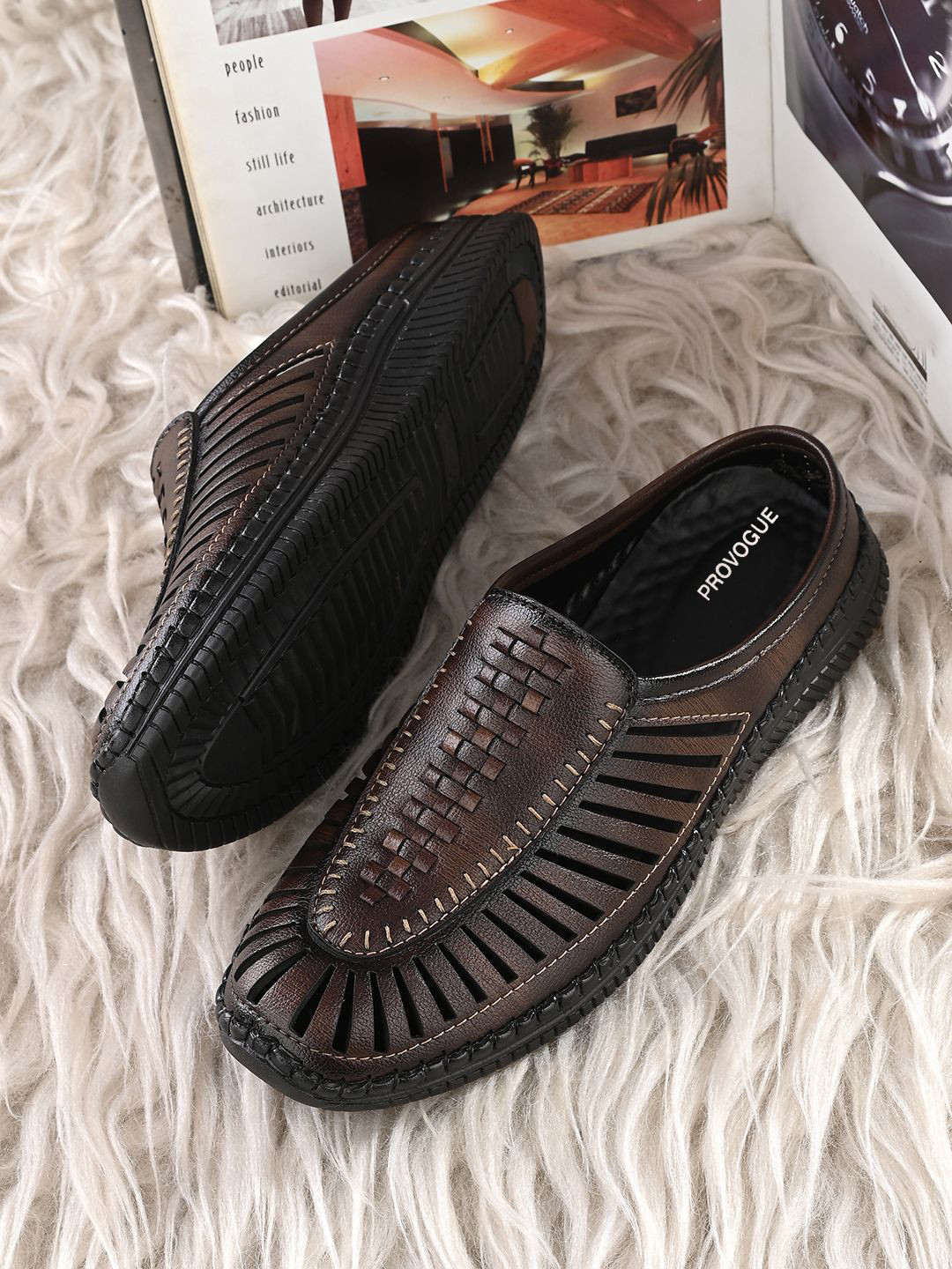 

Provogue Men Textured Laser-Cut Shoe-Style Sandals, Brown