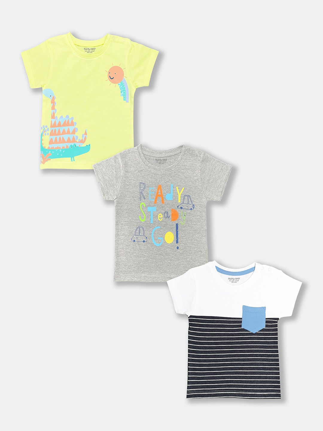 

MISS&CHIEF BABY Infants Boys Pack Of 3 Printed Pure Cotton T-shirts, Yellow