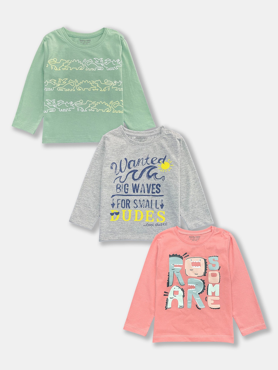 

MISS&CHIEF BABY Infants Boys Pack Of 3 Printed Long Sleeves Pure Cotton T-shirts, Green