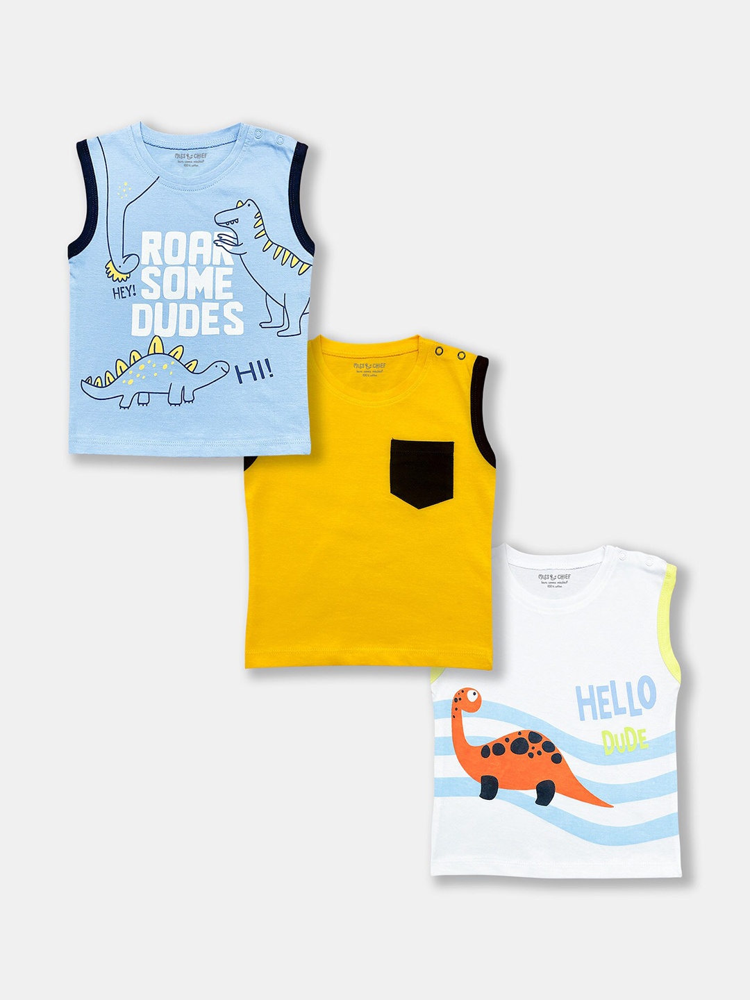 

MISS&CHIEF BABY Infants Boys Pack Of 3 Printed Sleeveless Pure Cotton T-shirts, Blue